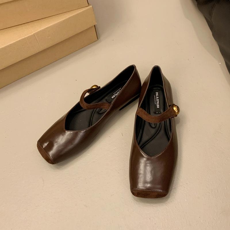 Retro Square Head Mary Jane Shoes, Shallow Mouth Soft Sole, One Word with Flat Shoes, Fattened and Widened Large Size Women's Shoes