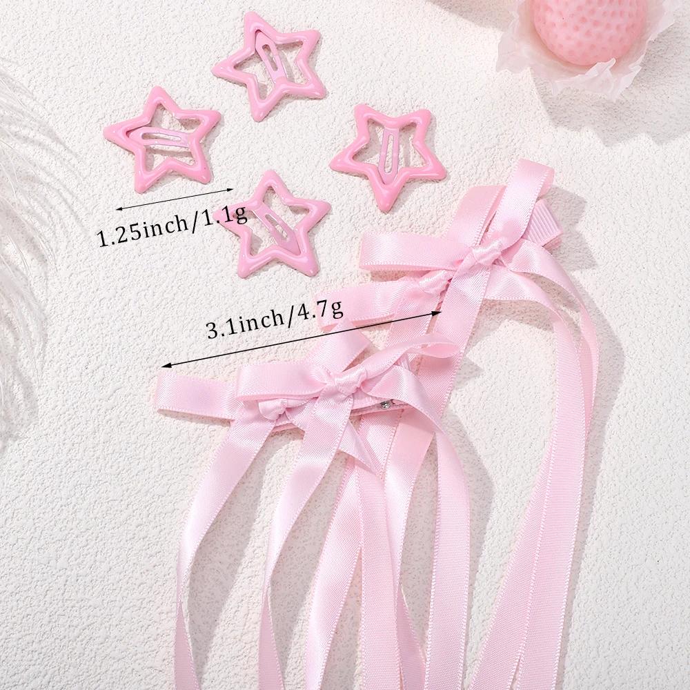 6pcs/set Y2k Star Snap Hair Clips with Long Ribbon Bowknot Barrettes for Women Girls Double Ponytail Headwear Hair Accessories