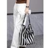Design Leather Bucket Bag, Casual Large Capacity Tote Bag, Canvas Striped Single Shoulder Diagonal Magnetic Buckle Design