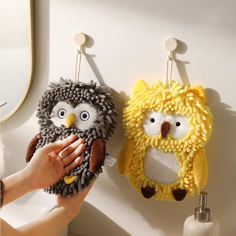 Cartoon Owl Chenille Hand Towel With Fuzzy Balls, Absorbent Fast-Drying Soft Hanging Towels For Bathroom And Kitchen