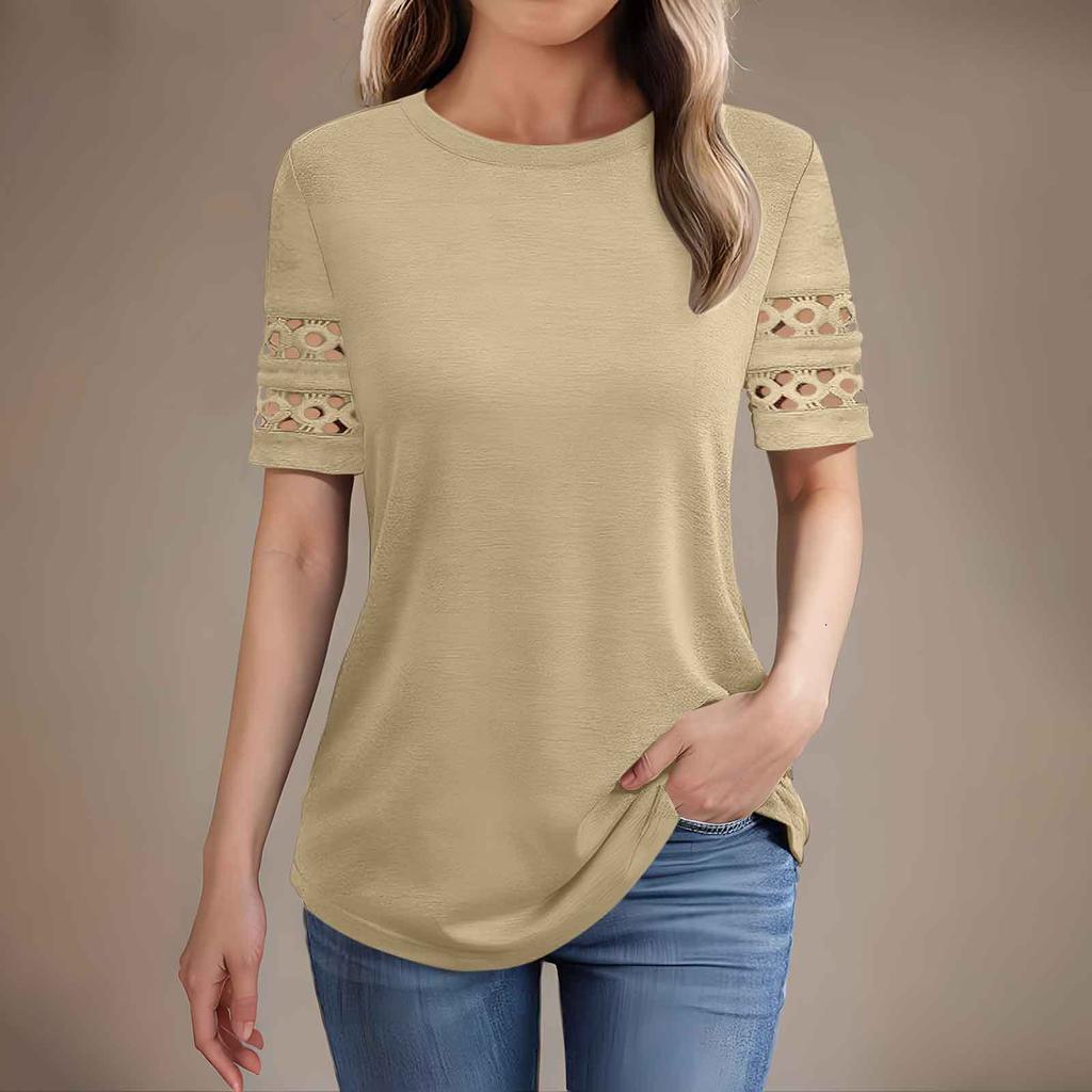Women's Summer New Lace Patch Short-sleeved T-shirt Round Neck Top