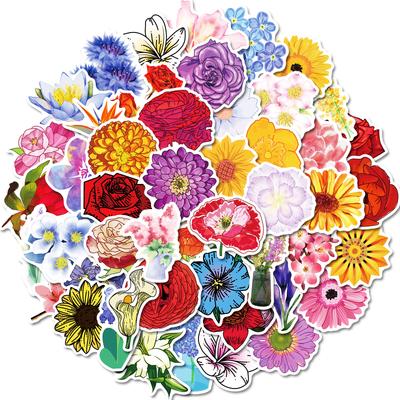 50 Pieces Of Various Flowers Hand-Painted Stickers, Pp Material, Waterproof, Non-Repeating Stickers, Diy Flat Tumblers, Refrigerator Slippery