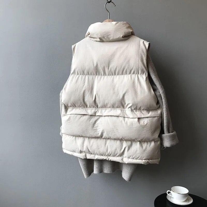 Off White Daunen-Baumwollweste für Damen, kurz, Stehkragen, ärmellos, warm, locker, einfarbig, einfach, lässig, Pendeln, Herbst und Winter