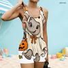 Women Plus Size White Square Neck Wide Straps One Piece Boyshort Swimsuit Ghost Pumpkin Print