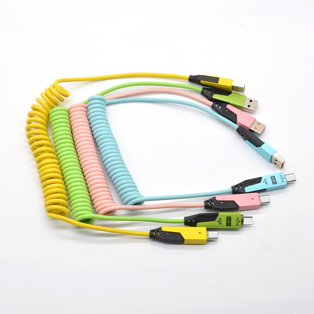 65 W 27 W PD Schnellladung 4-in-1 USB auf Typ-C auf Typ-C auf iOS 8-Pin Gewickelt Einziehbarer USB-Ladekabel für Telefon Auto Lautsprecher