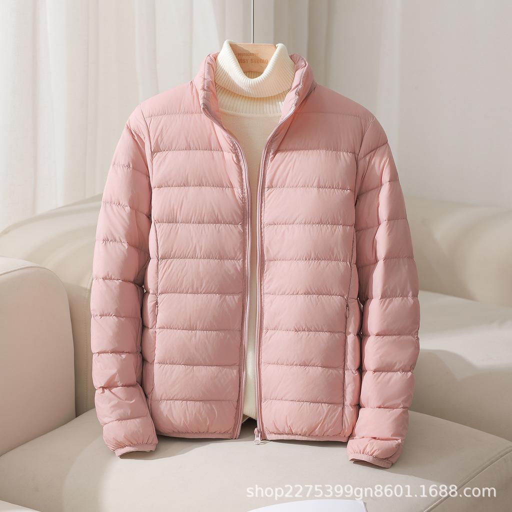 Women's Lightweight Puffer Jacket Stand Collar Zipper Long Sleeve Quilted Short Down Coat Solid Color