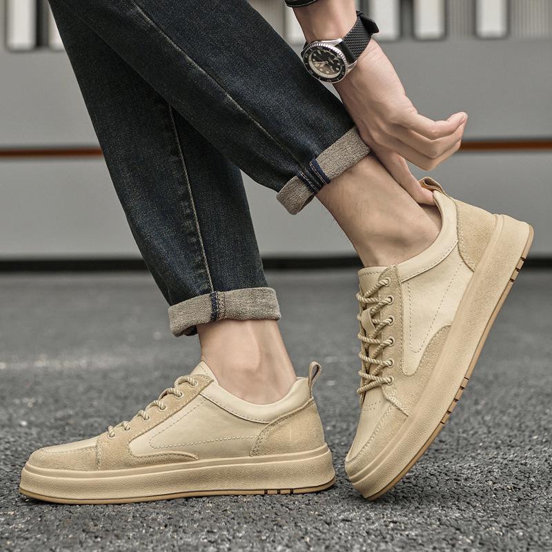 Men's Spring Low-Top Cowhide Sneakers - Fashionable, Large Size, Flat Bottom, White Sports Casual Shoes