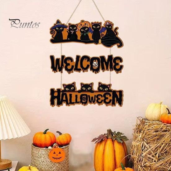 Elegant Natural Wood Sign Halloween Wooden Door Sign, Black Cats Broom Front Hanger, Rustic Nordic Style Hanging Welcome for Home Window Wall