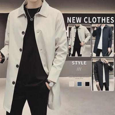 Men's Trendy Lapel Single-Breasted Mid-Length Windbreaker - Large Size, Thin Cape Jacket for Spring and Autumn