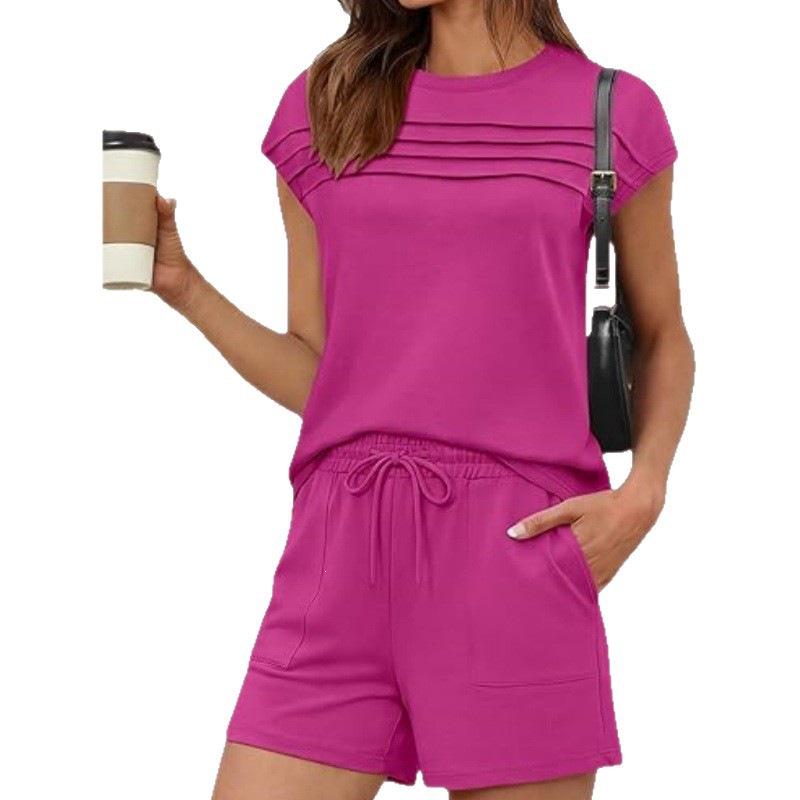 Damen Sommer 2026 Gestreiftes Lässiges Oberteil und Unifarbene Shorts Set - Europäische & Amerikanische Mode