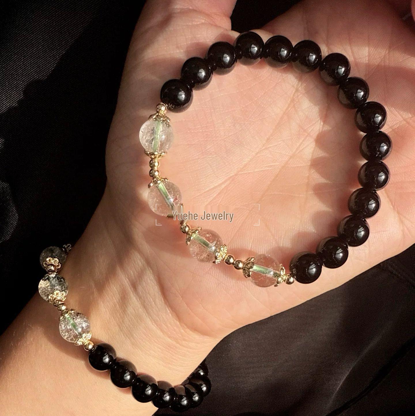 Tian Xiwei Style Green Phantom & White Pagoda Obsidian Bracelet for Women