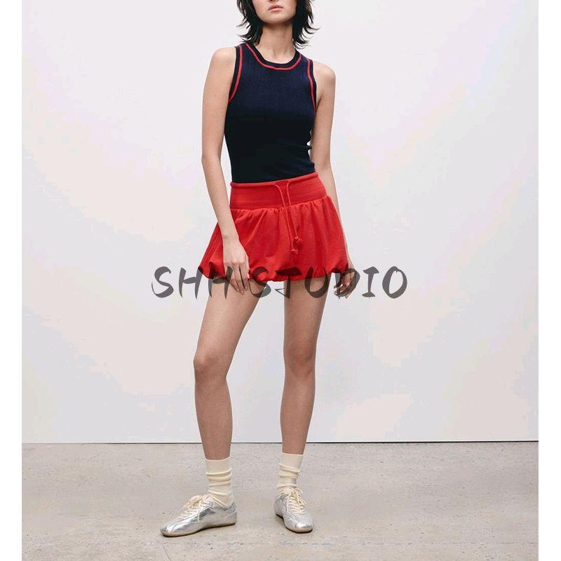 Spring Rib Decoration Woven Large Collar Short Sweatshirt 0858304 Lantern Balloon Cotton Mini Skirt 0858306