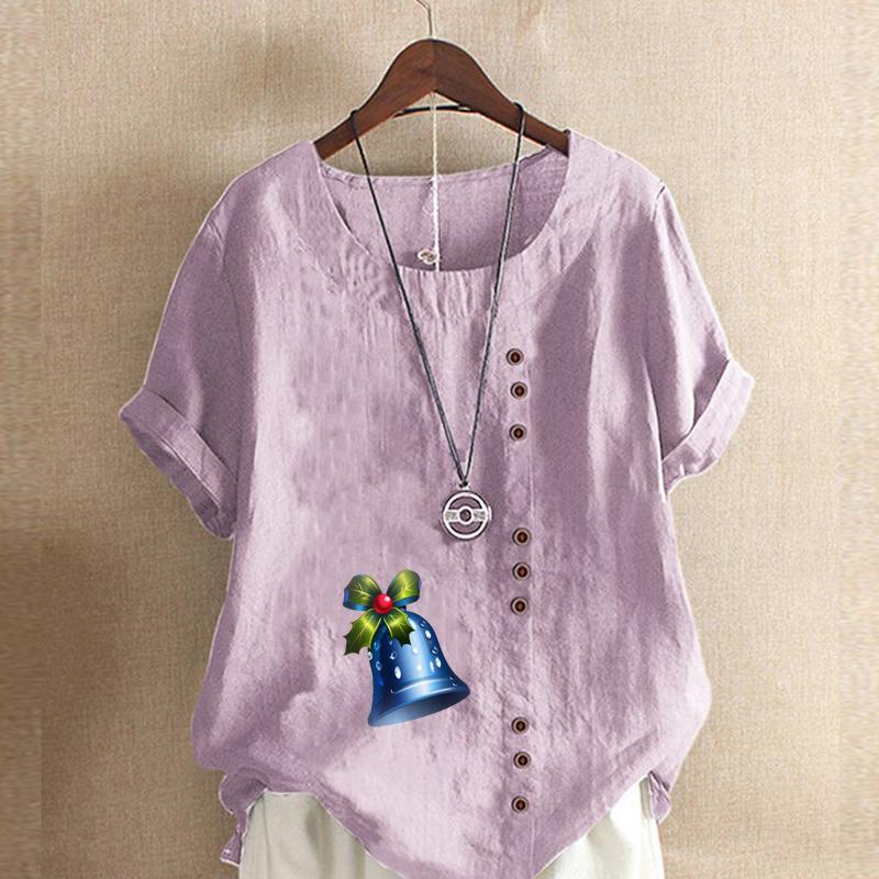 Women's Fashion Small Bell Prined Round Neck Short Sleeve T-shirt Casual Cotton Linen Graphic Shirt Leisure Loose Summer Blouse Tops