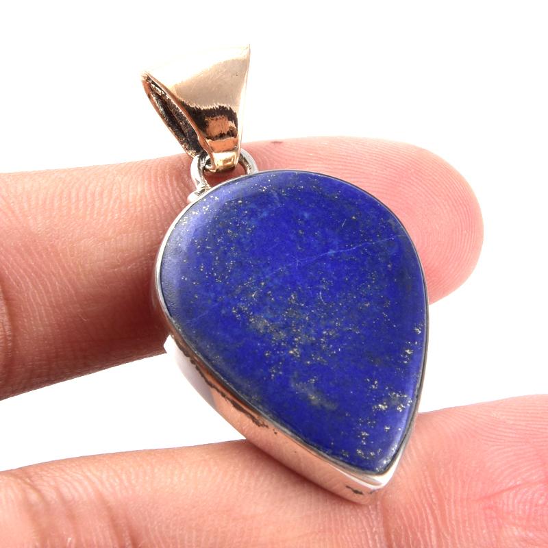 Natural Lapis Lazuli Gemstone 925 Sterling Silver Two Tone Pendant 1.6'' a3G88