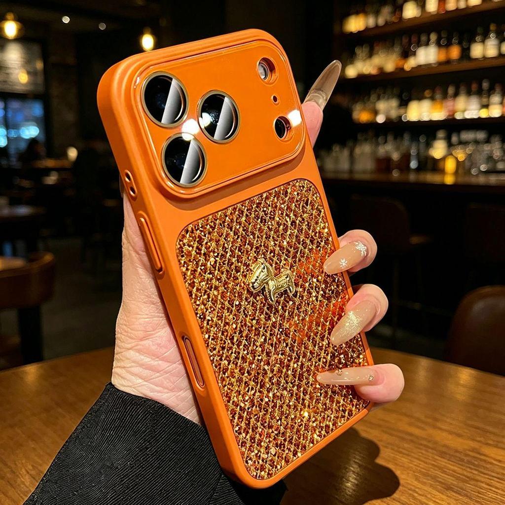 Luxurious Glitter Diamond Pattern Case for Apple 17ProMax, 16Pro (Little Horse), 14 Couple, and 15Pro.