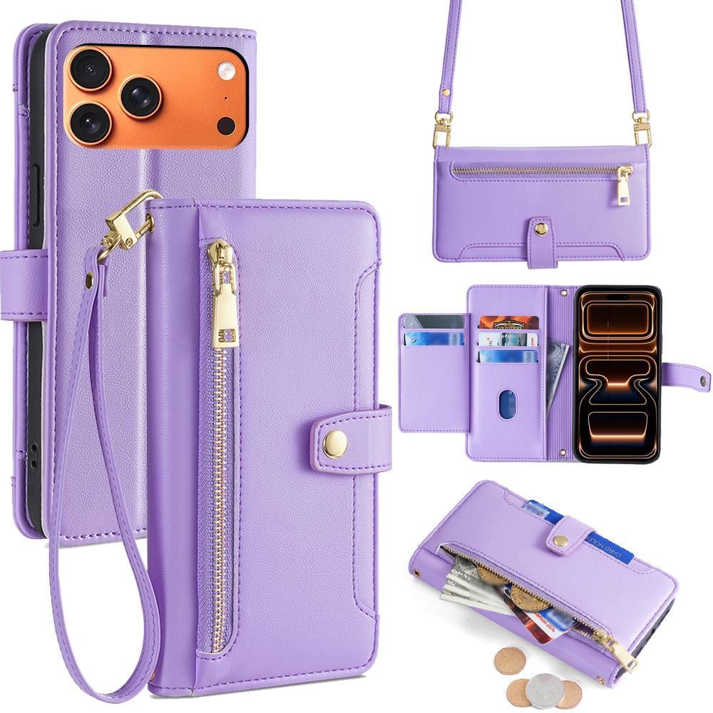 For iPhone 17 Pro Max Leather Case Zipper Pocket Wallet Phone Cover with 2 Straps