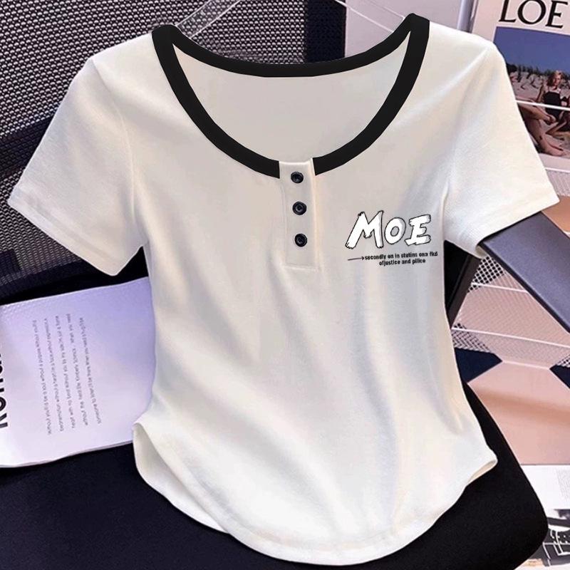 Women's 2025 Summer Korean Style Slimming Cotton Short Sleeve T-Shirt - Trendy and Versatile Top