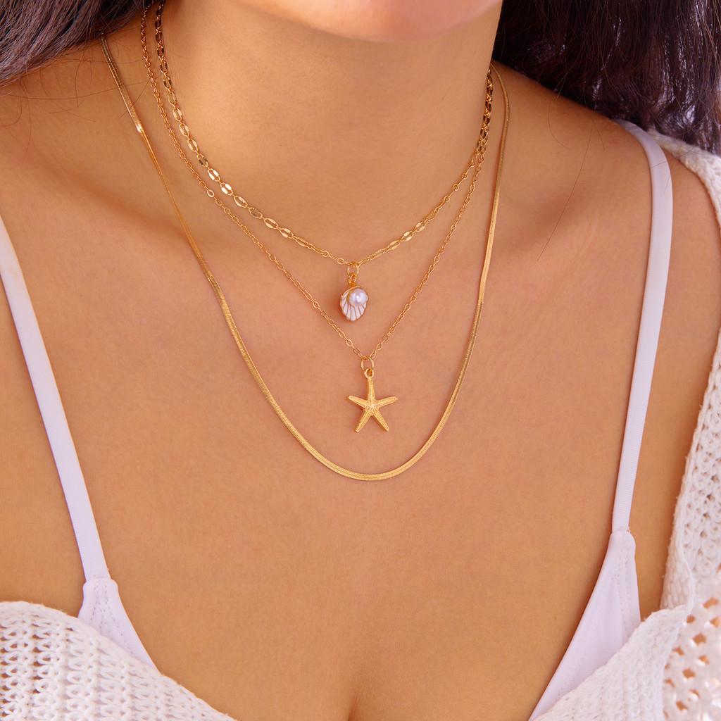 Bohemian Starfish Pearl Pendant Necklace For Women With Multilayer Design And Zinc Alloy Chain