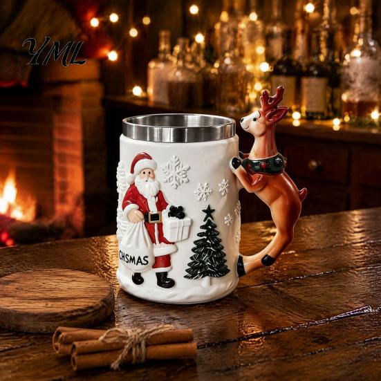 Decorative Desk Pen Holder Christmas Santa Claus Coffee Mug with Reindeer Handle, 300ml 3D Collectible Drinkware Embossed Resin Holiday Cup