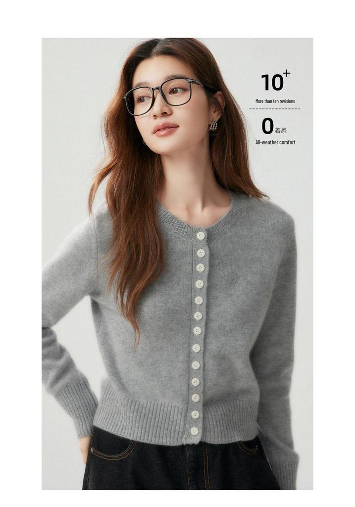 Cashmere Women's Round Neck Cardigan - 2026 Autumn/Winter, Single-Breasted, Solid Color, Versatile, Warm Outerwear.