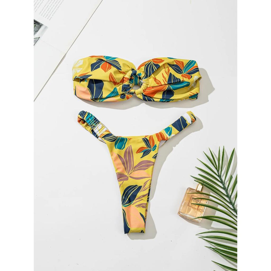 2024 Női Bikini Kétrészes Stílusos Szexi Nyári Bandeau Gyűrűs Mintás Acél Pántos Bugyi Strand Fürdőruha Új Push Up Bikini