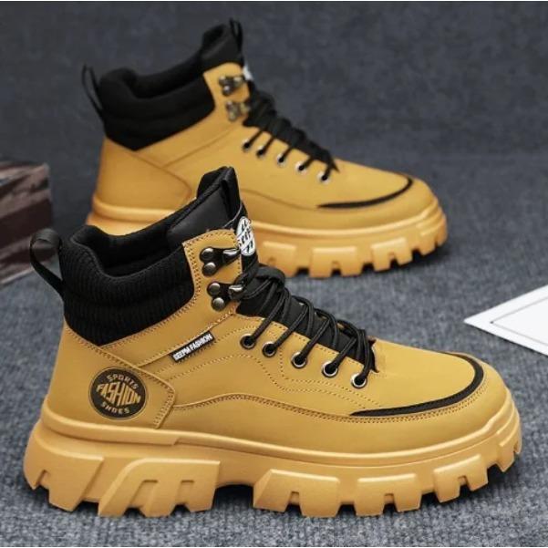 Pánské zimní vysoké britského stylu cargo velké žluté boty pánské plus fleecové bavlněné boty s tlustou podrážkou venkovní kotníkové boty H217