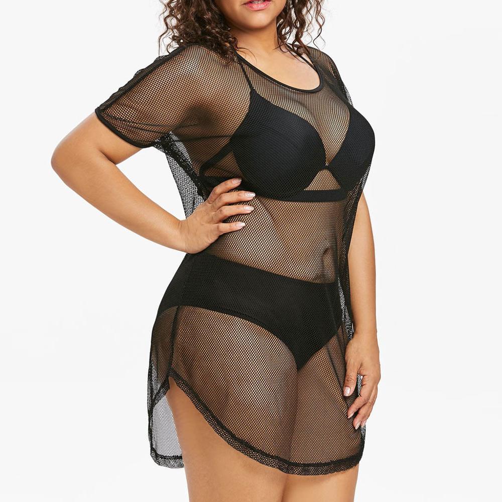 Women Mesh Sheer Bikini Cover Up Sexy See Through Swimwear Long Sleeve One Piece Beach Dress