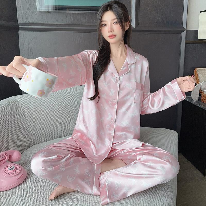 2025 Spring Autumn Women Pajamas Lounge Set Pink Butterfly Print Tops and Pants Satin Sleepwear Loose 2 Piece Loungewear Outfits