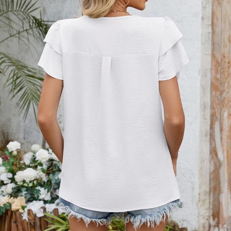 Spring Summer Solid Color V-neck Hollow Double-layer Sleeves Loose Chiffon T-shirt for Women Shirt
