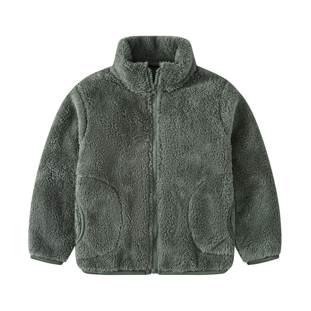 Unisex Children's Warm Fleece Jacket with Pockets - Korean Style, Stand Collar, Long Sleeve