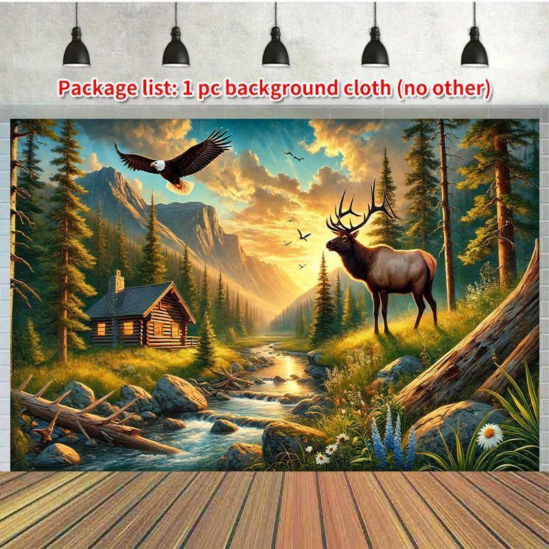 1 piece Natural Forest Deer Stream polyester photo backdrop party banner flag birthday supplies.PMJ