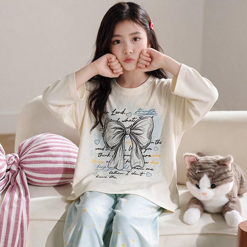 100% Cotton Girls Long Sleeve Pajamas Set Cartoon Print Round Neck Sleepwear Kids 8 Years