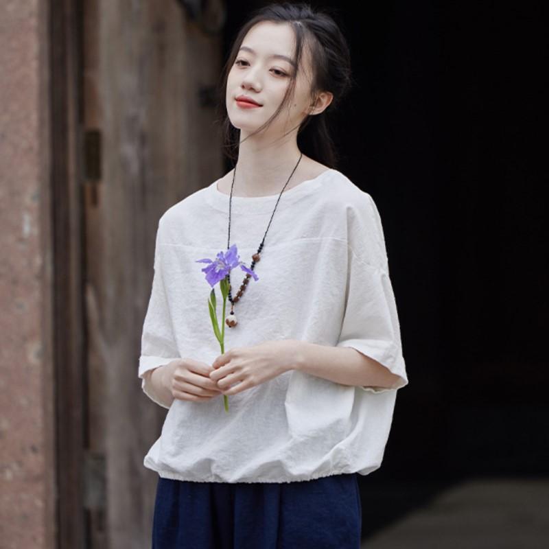Johnature Women Casual Linen T-Shirts Summer O-Neck Short Sleeve Tees Solid Color Loose Women T-Shirts
