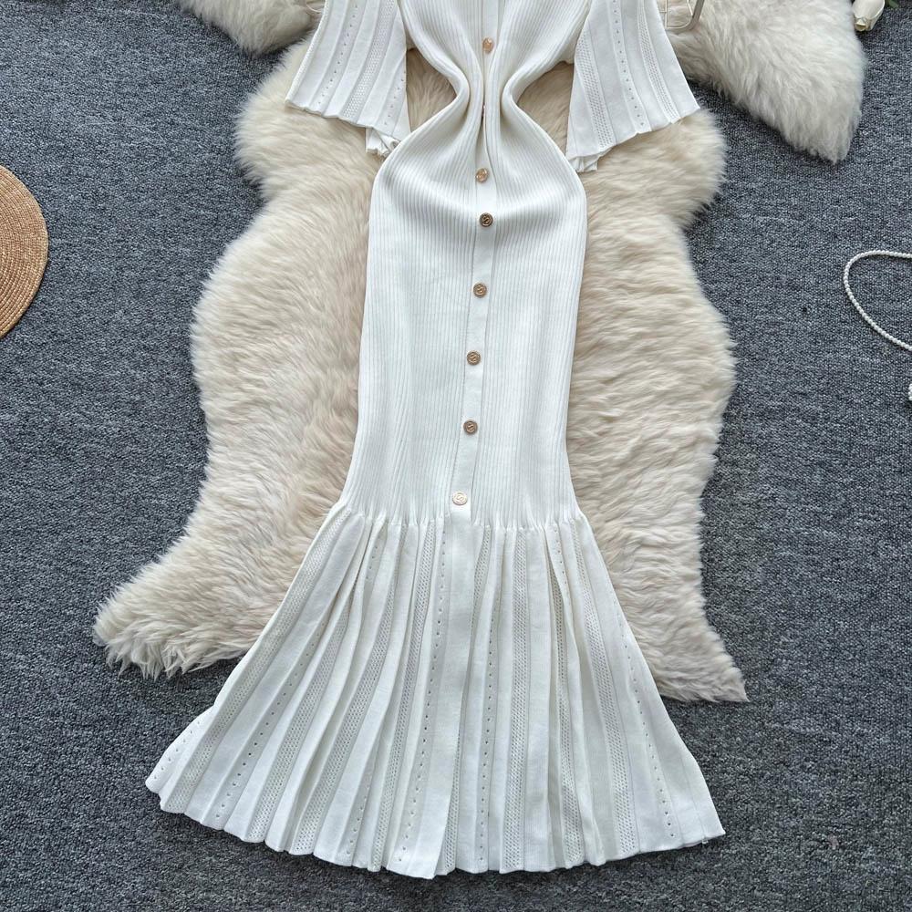 Sommer Damer Elegant V-hals Enkeltspent Strikket Futteral Genser Lang Maxi Fishtail Kjoler