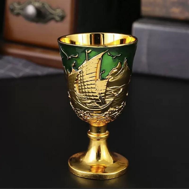 Holy Grail, Alloy Retro Relief Sailing Cup, European Portable Mini Vodka Glass, Creative Home Living Room Decoration Gift, 1pcs