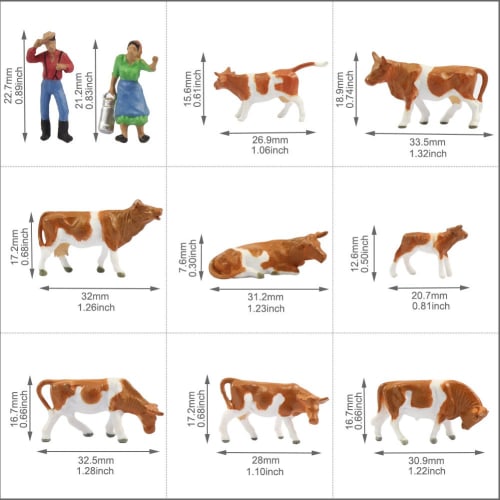 1:87 Scale Cow Models, Human Figures, Set of 36, for Farms, Ranches, and Cow Farms, Architectural Use, Gardens, Micro Landscapes, Scenery Collections,