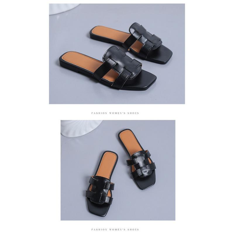 Große Damenschuhe, flache Hausschuhe, Hausschuhe für den Alltag mit gewebten Riemen, flache Hausschuhe aus Gummi mit einem Riemen und flachem Absatz
