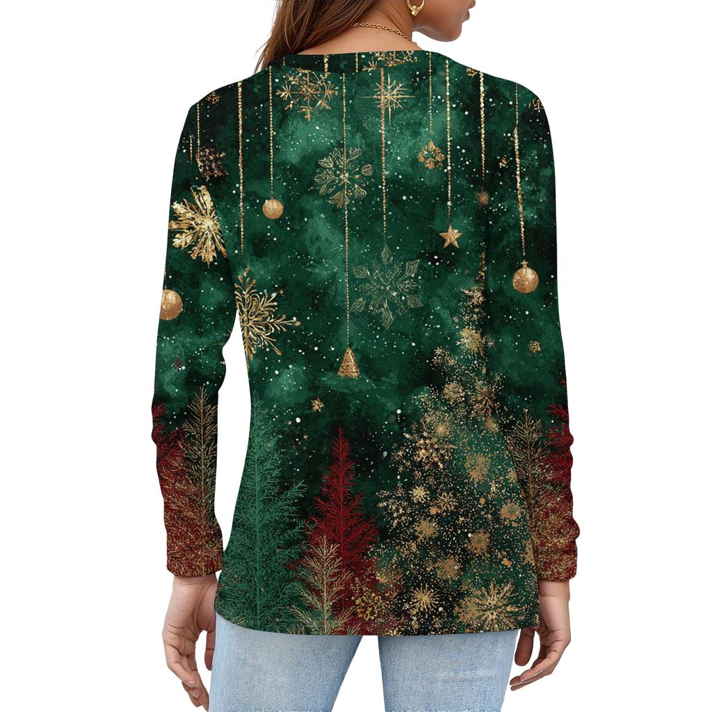 Women's Fashion Casual Slit Hem Round Neck Long Sleeve Loose Christmas Printed T-Shirt Ladies Top