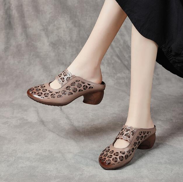 Summer New Genuine Leather Slippers Women's Retro Ethnic Style Thick Wedges Shoe Fish Mouth Mom Slippers Women Hollow Sandals