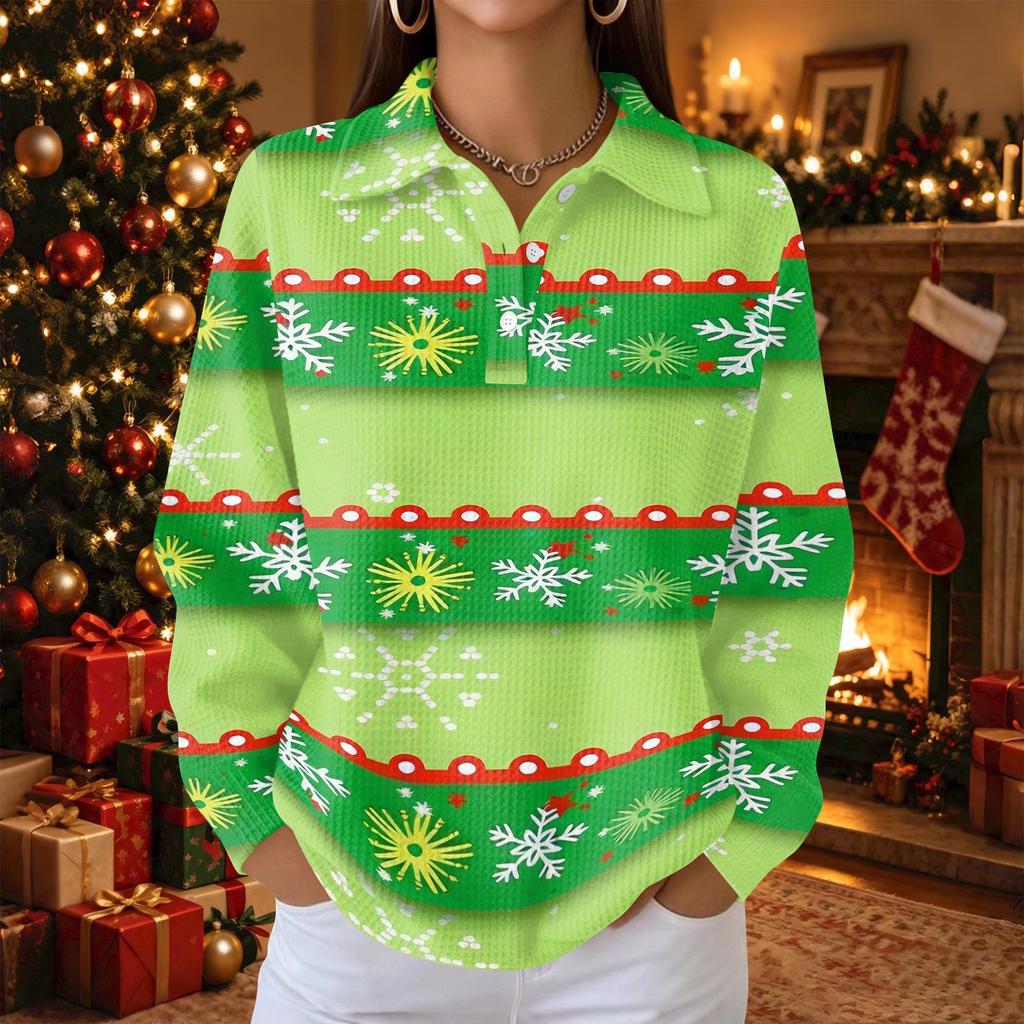 Women's Knit Top Christmas Print Long Sleeve Button Collared Shirt for Casual Holiday Wear