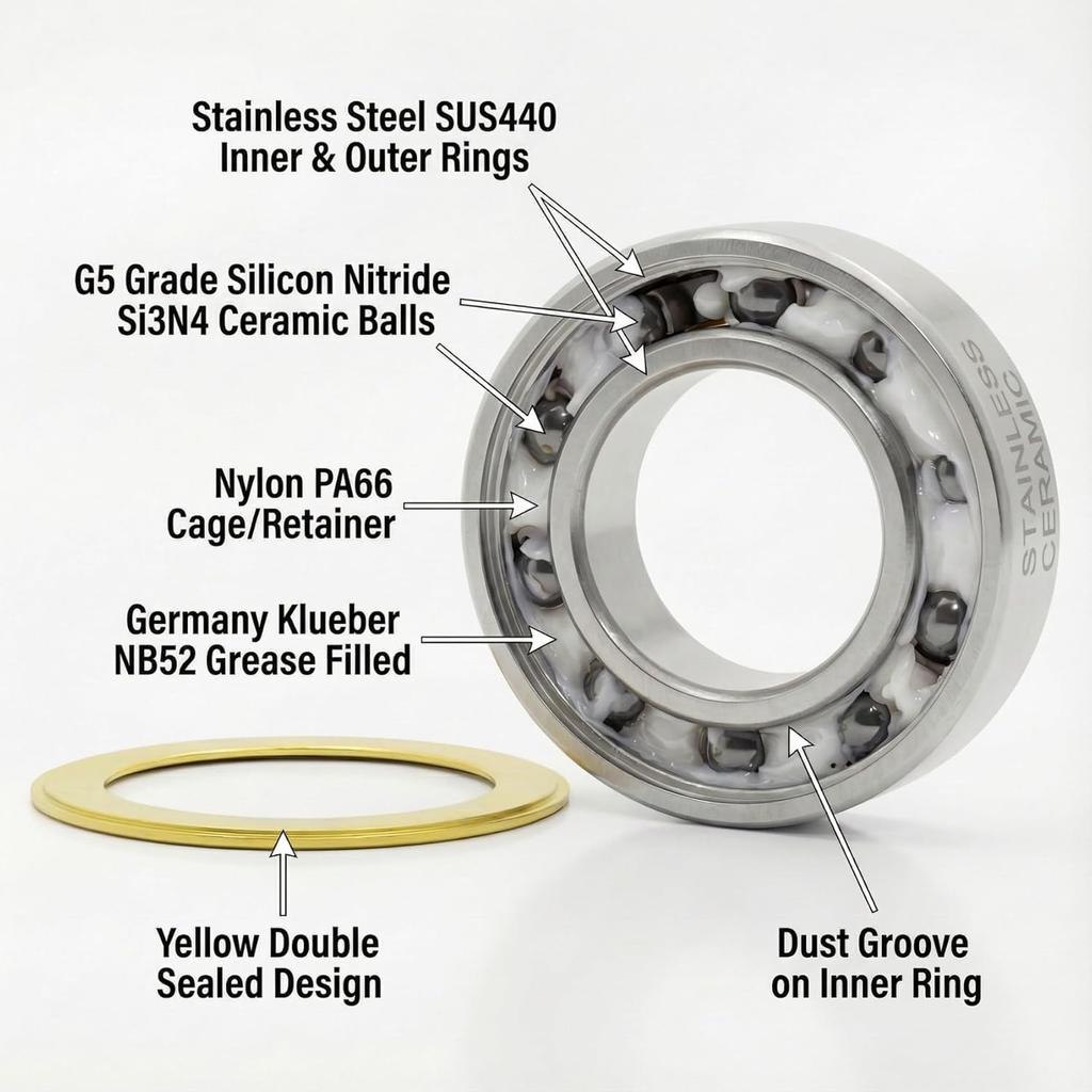 6902-2RS Stainless Steel Ceramic Hybrid Radial Bearing, 15x28x7mm Bicycle Hub Front Rear Hubs Wheel Bearing (1PC)