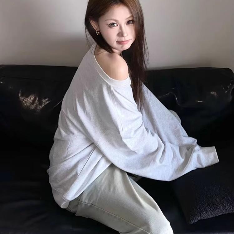 Y2K Sport Casual Oversize Hoodies Women Long Sleeve Sweatshirt Off Shoulder Top Back School Vintage Basic Tees Autumn Winter