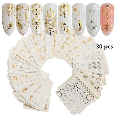 30 sztuk/zestaw Złoto Srebro Nail Water Naklejka Kalkomanie Feather Flower Design Manicure Nail Art Decoration