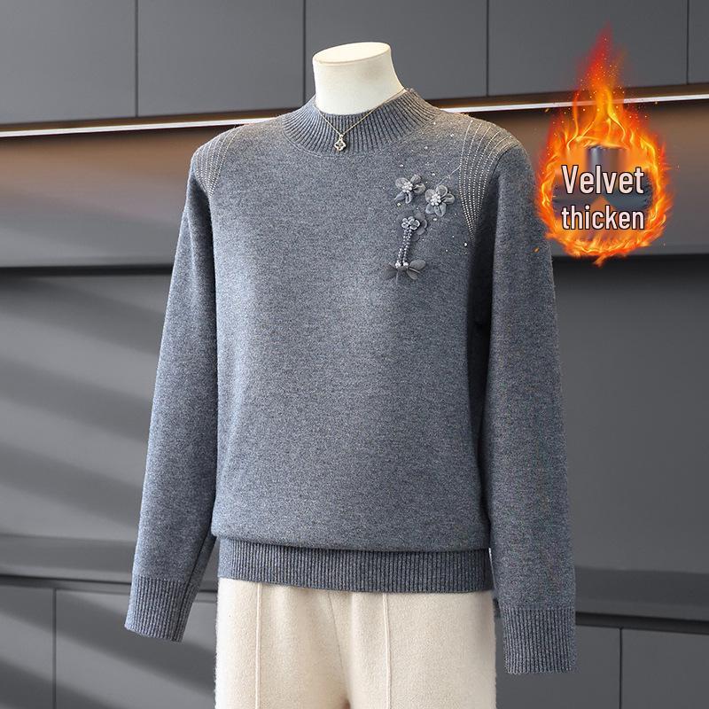 

Red Fleece Knit Sweater for Mid-aged & Elderly Women, Half-High Collar, Warm & Stylish for Autumn/Winter 4XL [145-160 lbs]