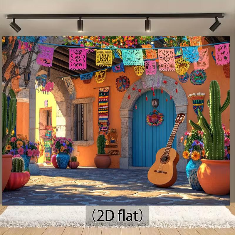 2D Colorful Mexican Patio Backdrop Guitar and Papel Picado Decor
