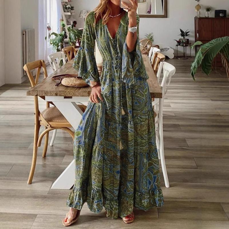 Abito Bohemian da Donna Estate Manica a Svaso Stampa Floreale Scollo a V Ampio Abiti da Donna Elegante Linea ad A Vita Alta Abito da Donna per Vacanze al Mare