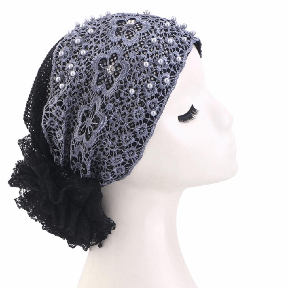 Casual Lace Embroidered Turban Hat Floral Beaded Ready To Wear Muslim Chemo Cap Vintage Lace Pearl Lace Bonnet Female