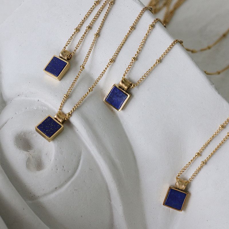Deep Blue Square Lapis Lazuli Square Necklace Gold Tone Fine Chain Low MOQ Women Minimalist Jewelry Sourcing
