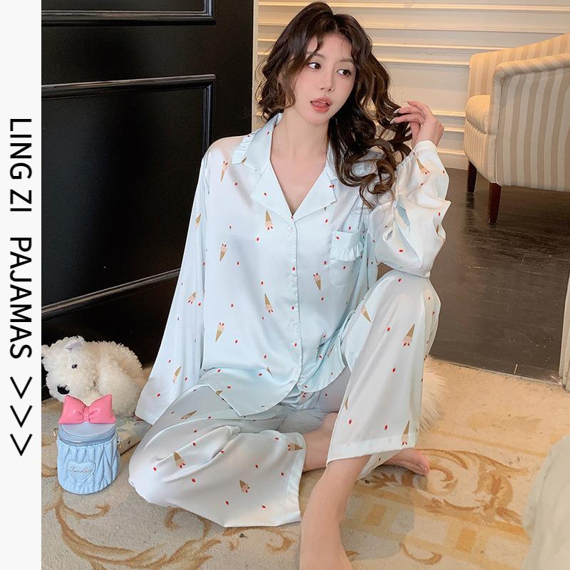1011 New Blue Frost Ice Silk Pajamas Women's Sweet Wind Lapel Premium Sense Cute Thin Loungewear Set