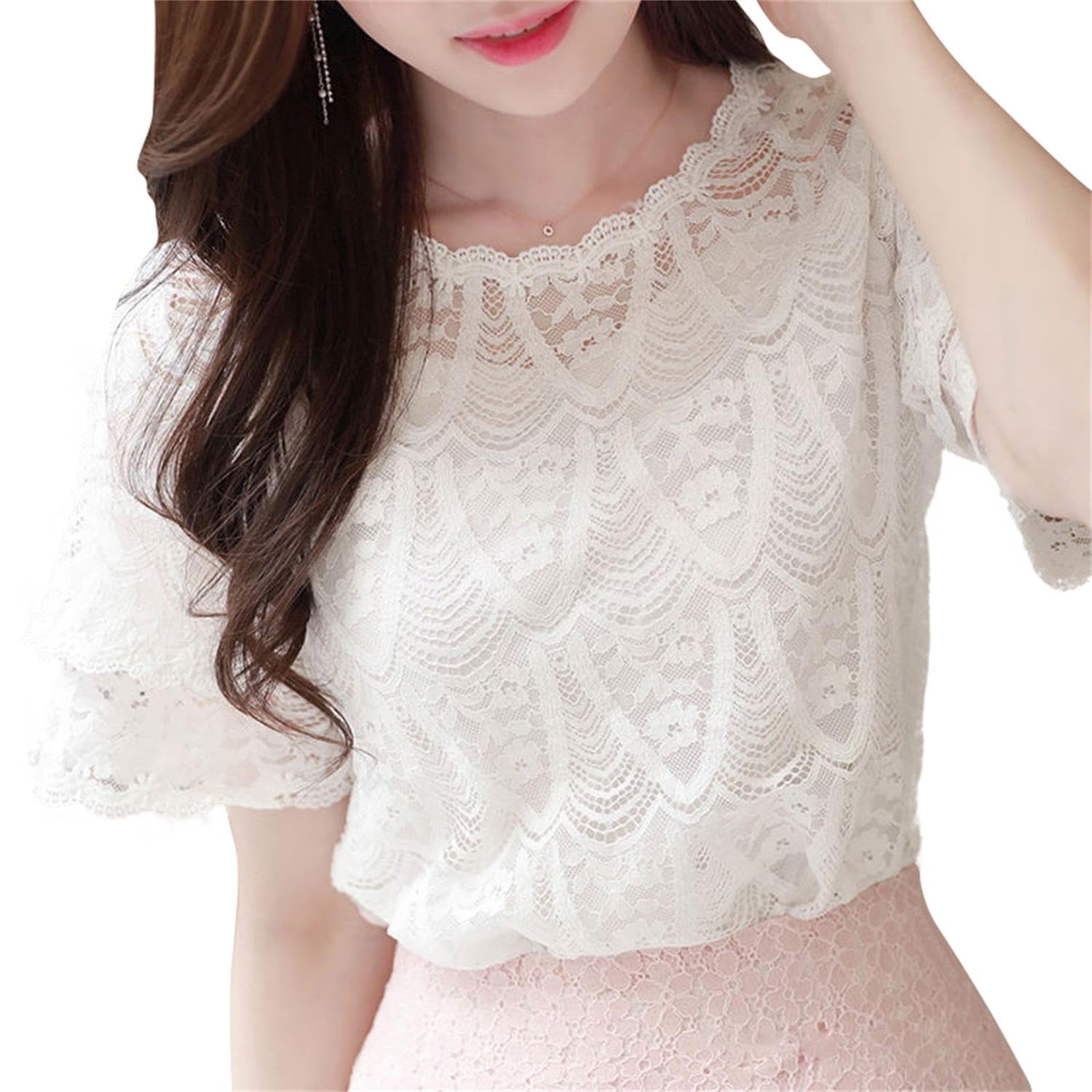 

Кружевная блузка с коротким рукавом, цветочная, летняя, объемная, для прогулок [SYitong] Женская, Лето, Топ, Узор, Вышивка, U-образный вырез, Приталенная, Милая, Одежда, белый